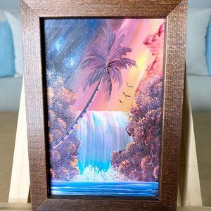 Wood Framed Oil Painting Of A Waterfall And Coconut Tree